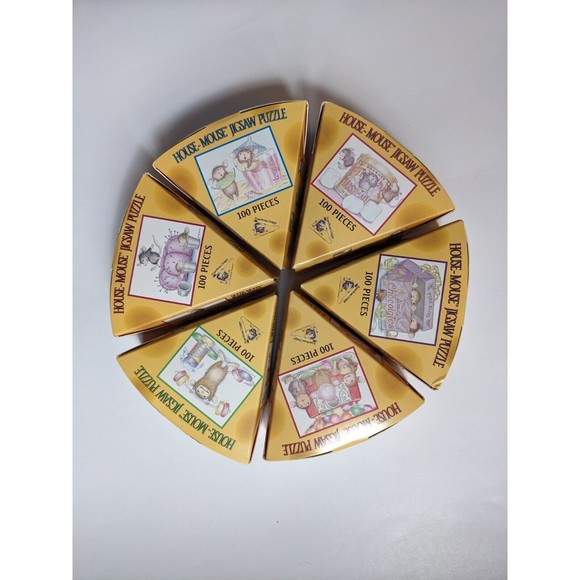 Vintage House Mouse Mini Jigsaw Puzzles Cheese Wheel Shaped Set of 6 Complete - Picture 8 of 9